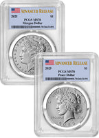 2025 Morgan and Peace Silver Dollar 2pc Set AR PCGS MS70 Flag Label