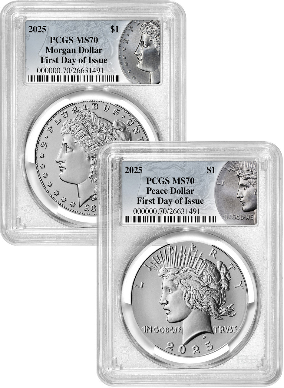 2025 Morgan and Peace Silver Dollar 2pc Set FDI PCGS MS70 Coin Label