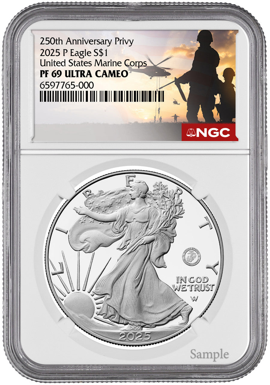 2025-P Silver Eagle 250th Anniversary U.S. Marine Privy NGC PF69 Marine Label