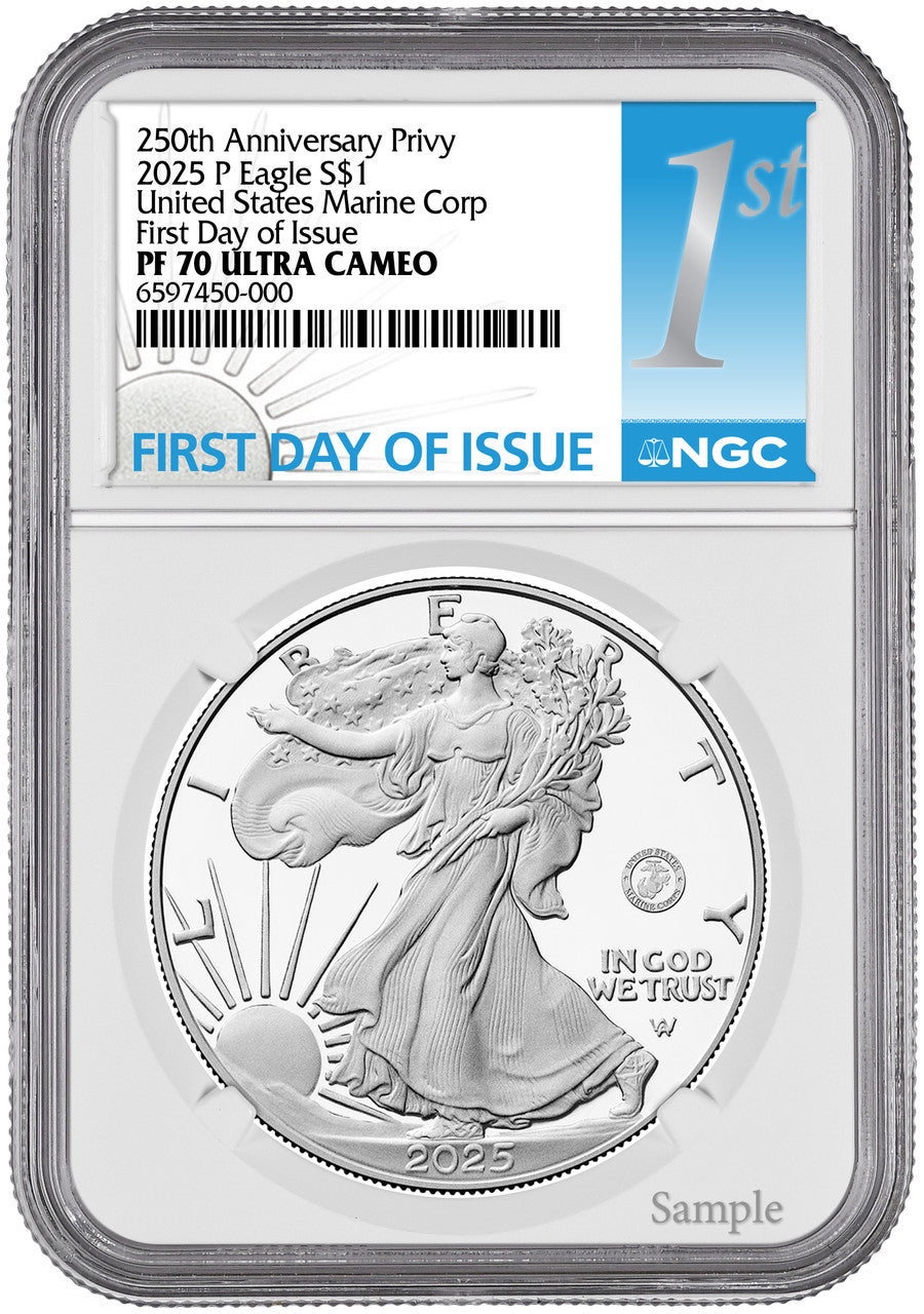 2025-P Silver Eagle 250th Anniversary U.S. Marine Privy FDI NGC PF70 1st Label