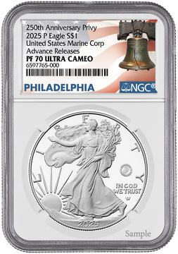 2025-P Silver Eagle 250th Anniversary U.S. Marine Privy AR NGC PF70 Bell Label