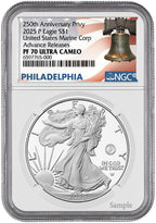 2025-P Silver Eagle 250th Anniversary U.S. Marine Privy AR NGC PF70 Bell Label