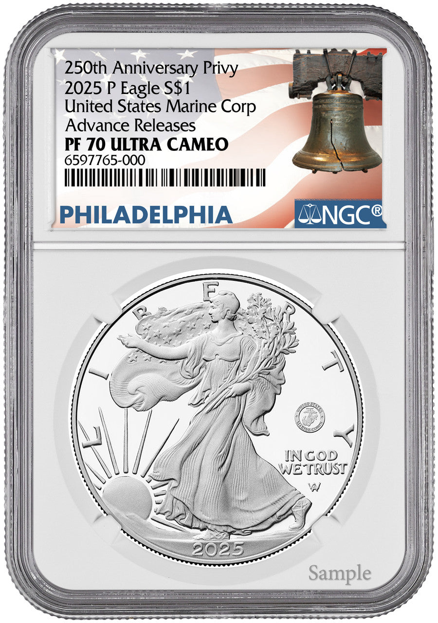 2025-P Silver Eagle 250th Anniversary U.S. Marine Privy AR NGC PF70 Bell Label