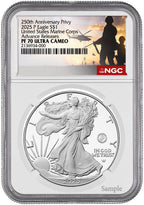 2025-P Silver Eagle 250th Anniversary U.S. Marine Privy AR NGC PF70 Salute Label