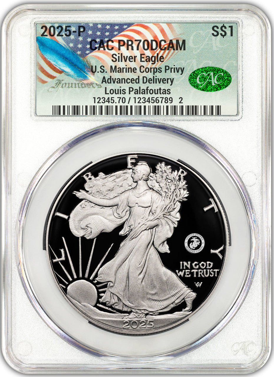 2025-P Silver Eagle 250th Anniversary U.S. Marine Privy AD CAC PR70 Founders