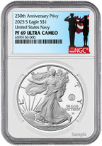 2025-S Silver Eagle 250th Anniversary U.S. Navy Privy NGC PF69 Salute Label
