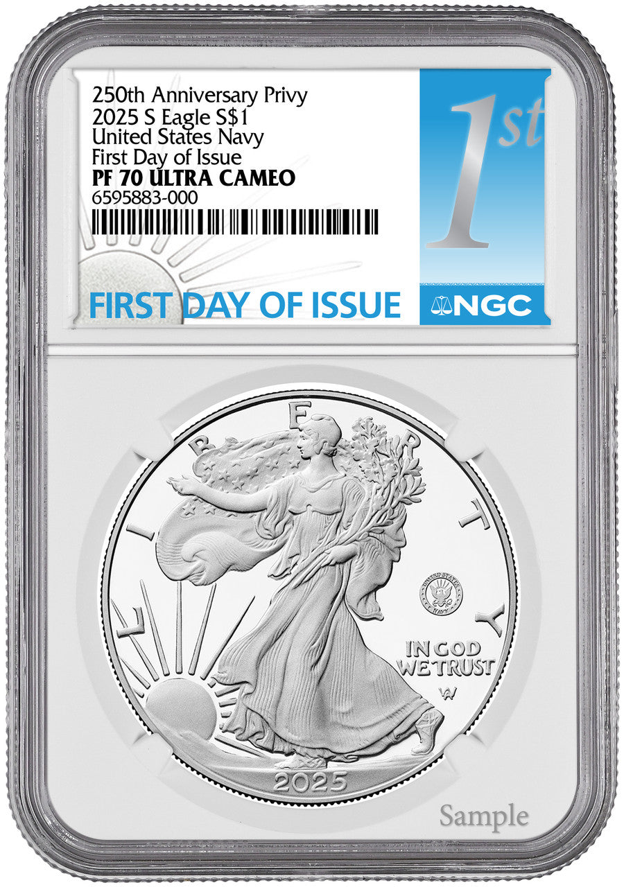 2025-S Silver Eagle 250th Anniversary U.S. Navy Privy FDI NGC PF70