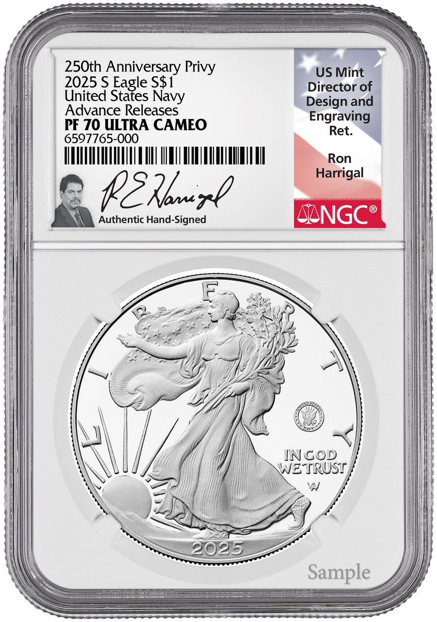 2025-S Silver Eagle 250th Anniversary U.S. Navy Privy AR NGC PF70