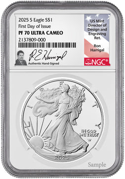 2025-S Silver Eagle First Day of Issue NGC PF70UCAM Harrigal Signed
