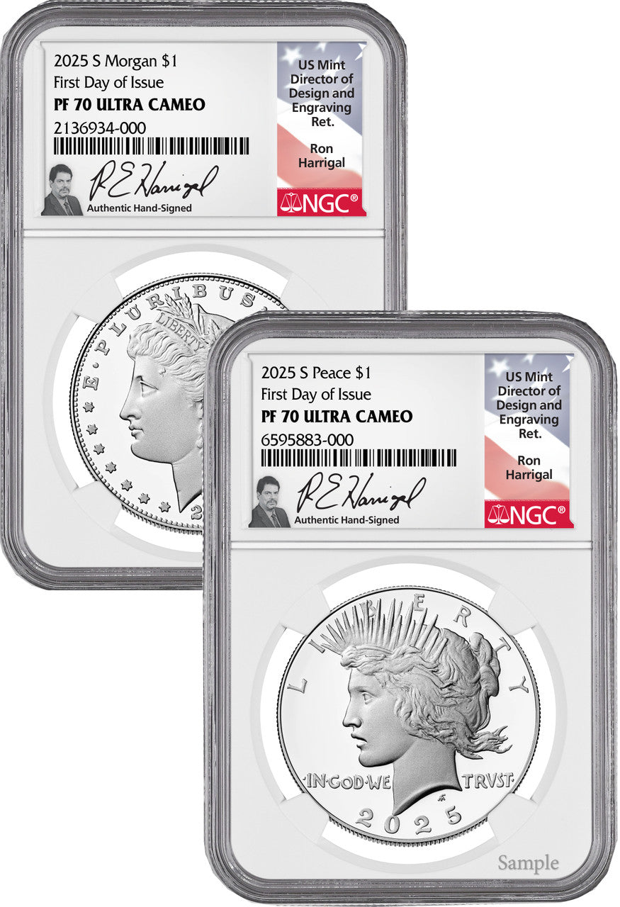 2025-S Morgan and Peace Silver Dollar 2pc Set FDI NGC PF70 Harrigal