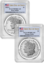 2025-S Morgan and Peace Silver Dollar 2pc Set FDI Flag PCGS PR70