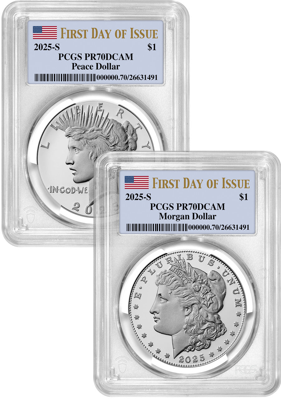 2025-S Morgan and Peace Silver Dollar 2pc Set FDI Flag PCGS PR70