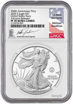 2025-S Silver Eagle 250th Anniversary U.S. Navy Privy AR NGC PF70 Gaudioso