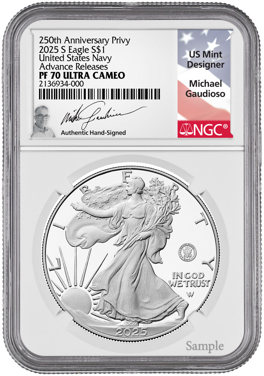 2025-S Silver Eagle 250th Anniversary U.S. Navy Privy AR NGC PF70 Gaudioso