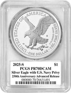 2025-S Silver Eagle 250th Anniversary U.S. Navy Privy AR PCGS PR70 Damstra
