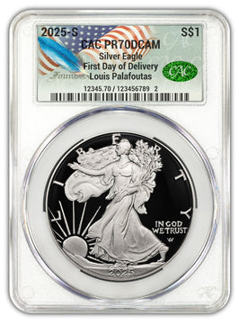 2025-S Silver Eagle First Day of Delivery Founders CAC PR70DCAM