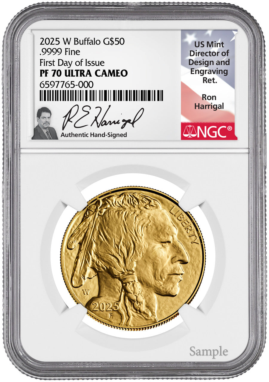 2025-W $50 Proof Gold Buffalo FDI NGC PF70 Harrigal Signed