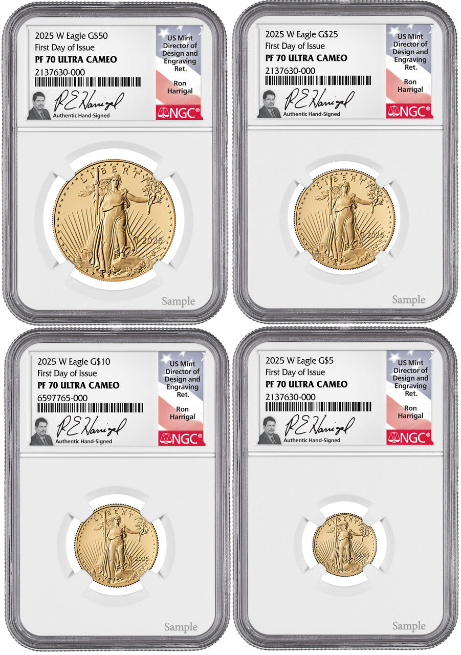 2025-W Proof Gold Eagle 4-Coin Set FDI NGC PF70UCAM Harrigal