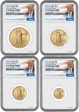 2025-W Proof Gold Eagle 4-Coin Set FDI NGC PF70UCAM Trump
