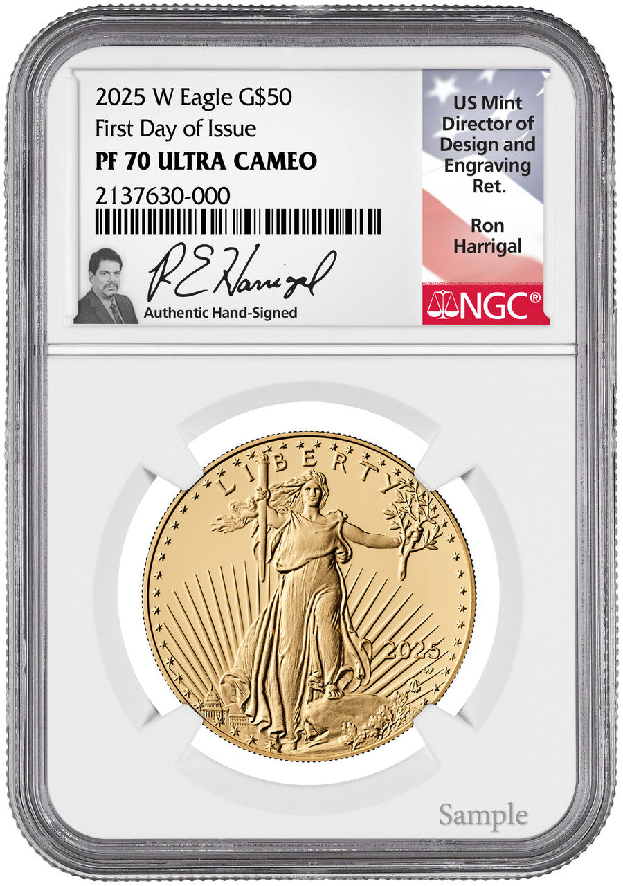 2025-W $50 Gold Eagle FDI NGC PF70 UCAM Harrigal Signed