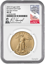 2025 W $50 Burnished Gold Eagle FDI NGC MS70 Ron Harrigal Signed