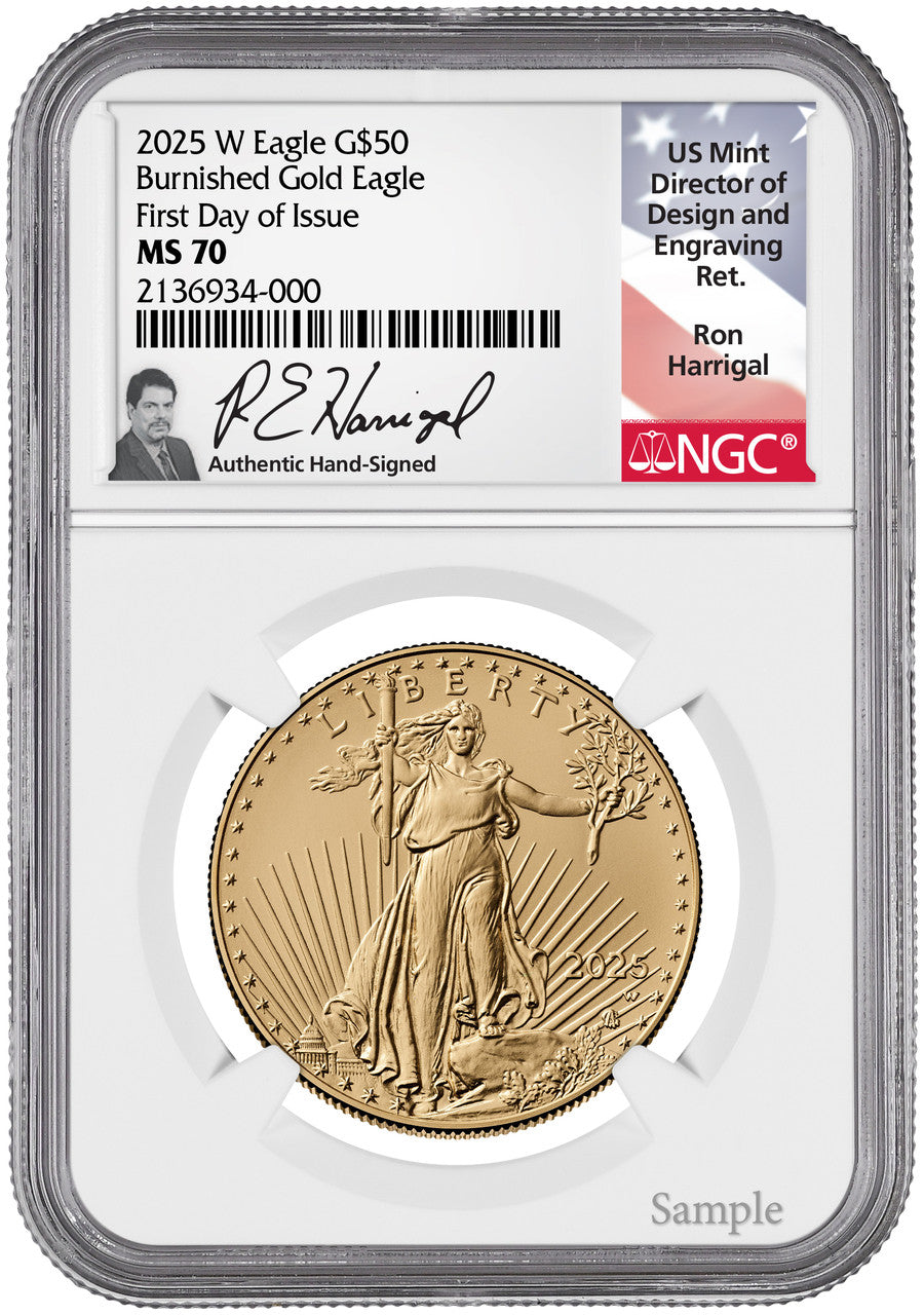 2025 W $50 Burnished Gold Eagle FDI NGC MS70 Ron Harrigal Signed