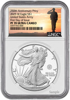 2025-W Silver Eagle 250th Anniversary U.S. Army Privy FDI NGC PF70 UCAM Salute Label