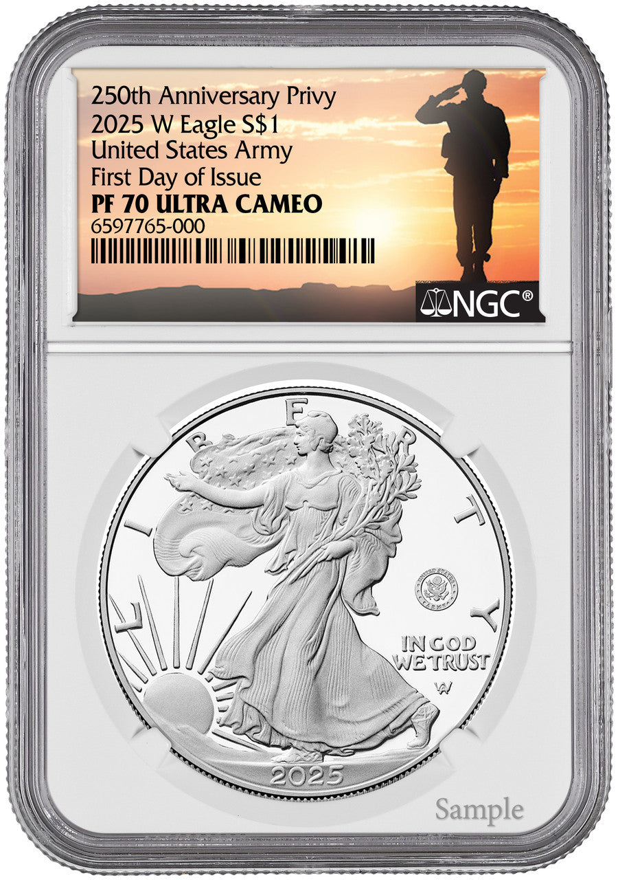 2025-W Silver Eagle 250th Anniversary U.S. Army Privy FDI NGC PF70 UCAM Salute Label