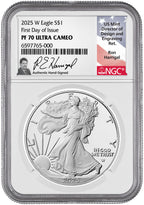 2025-W Proof Silver Eagle FDI NGC PF70 UCAM Ron Harrigal Signed