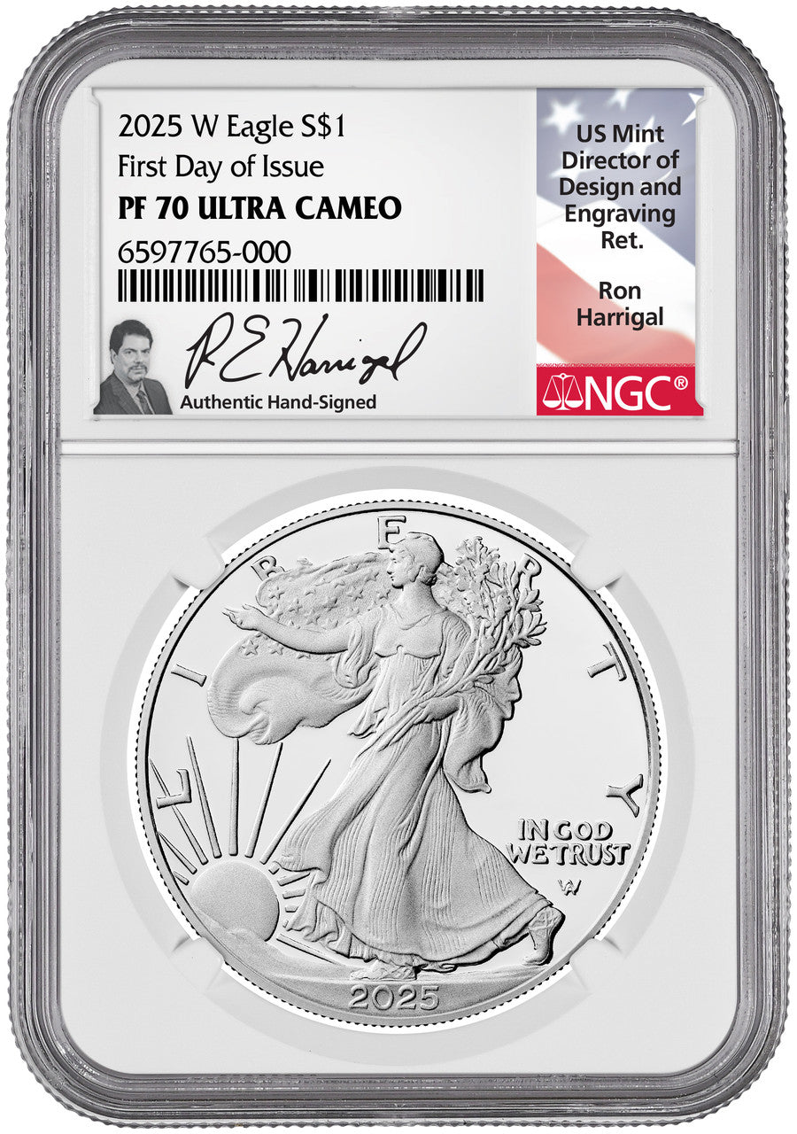 2025-W Proof Silver Eagle FDI NGC PF70 UCAM Ron Harrigal Signed