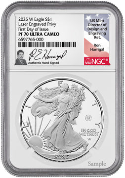 2025-W Silver Eagle Laser Engraved Privy FDI NGC PF70 Harrigal
