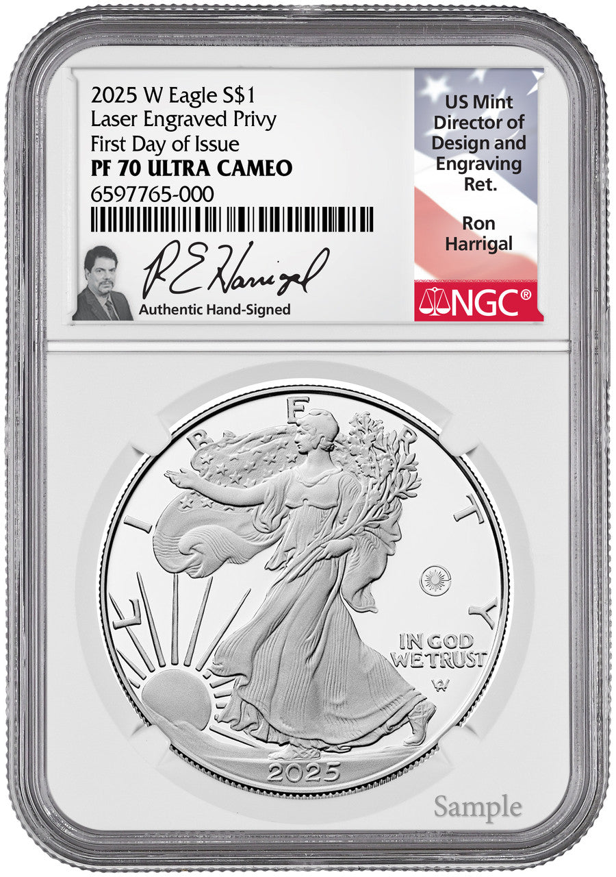 2025-W Silver Eagle Laser Engraved Privy FDI NGC PF70 Harrigal