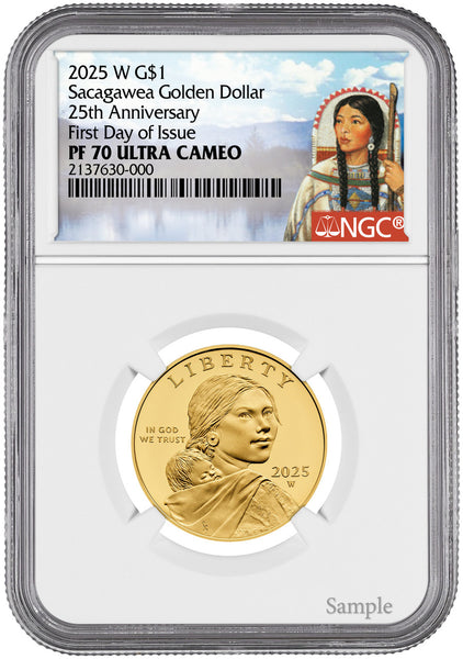 2025 W G$1 Sacagawea, 25th Anniversary Golden Dollar 24K FDI NGC