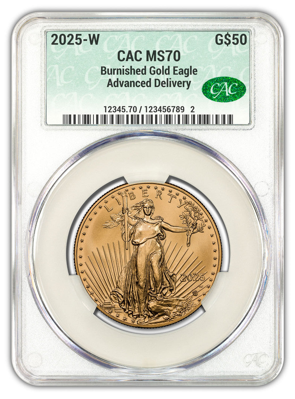 2025-W $50 1 oz Burnished Gold Eagle Advanced Delivery CAC MS70