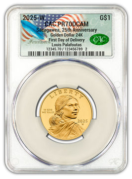2025-W Sacagawea 25th Anniversary Gold Dollar 24K FDD CACG PR70 Founders