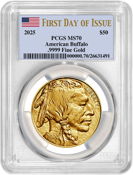 2025 1 oz Gold Buffalo First Day of Issue Flag Label PCGS MS70