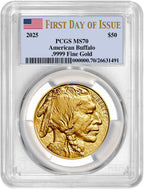 2025 1 oz Gold Buffalo First Day of Issue Flag Label PCGS MS70