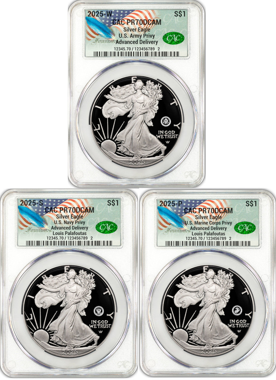 2025 250th Anniversary Army/Navy/Marine Privy Silver Eagle 3-Coin Set AD CACG Founders Label