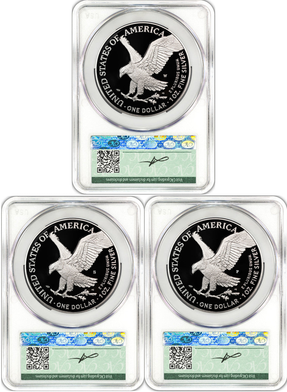 2025 250th Anniversary Army/Navy/Marine Privy Silver Eagle 3-Coin Set AD CACG Founders Label