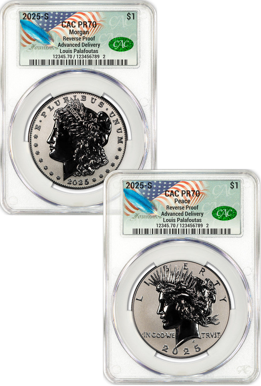 2025-S Morgan Peace Silver Dollar 2pc Reverse Proof PR70 Set AD CAC Founders