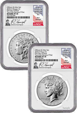 2025-S Morgan and Peace Silver Dollar 2pc Set Reverse Proof FDI NGC PF70 Harrigal
