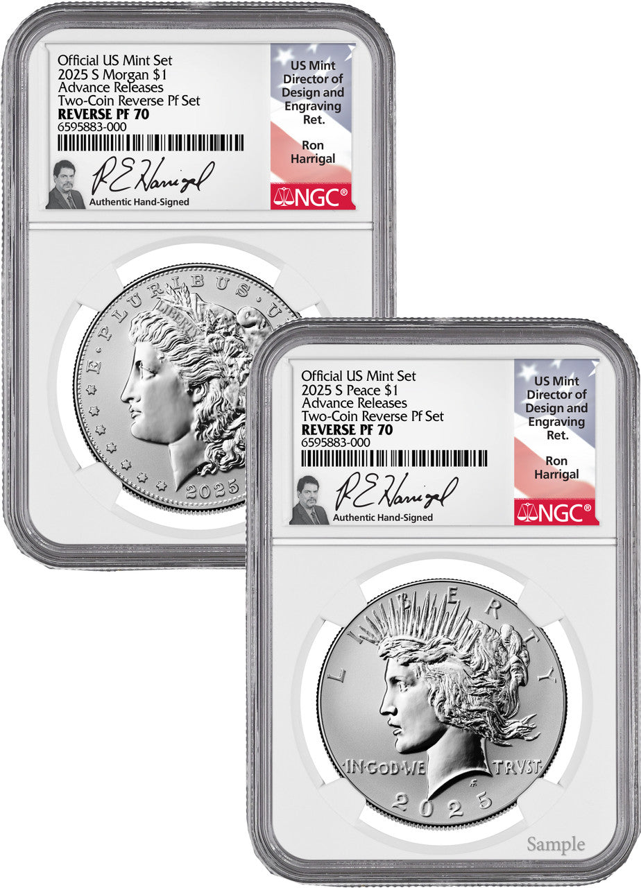 2025-S Morgan and Peace Silver Dollar 2pc Set AR Reverse Proof NGC PF70 Harrigal