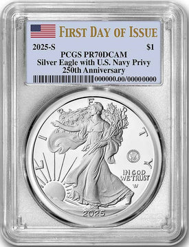 2025-S Silver Eagle 250th Anniversary U.S. Navy Privy FDI PCGS PR70