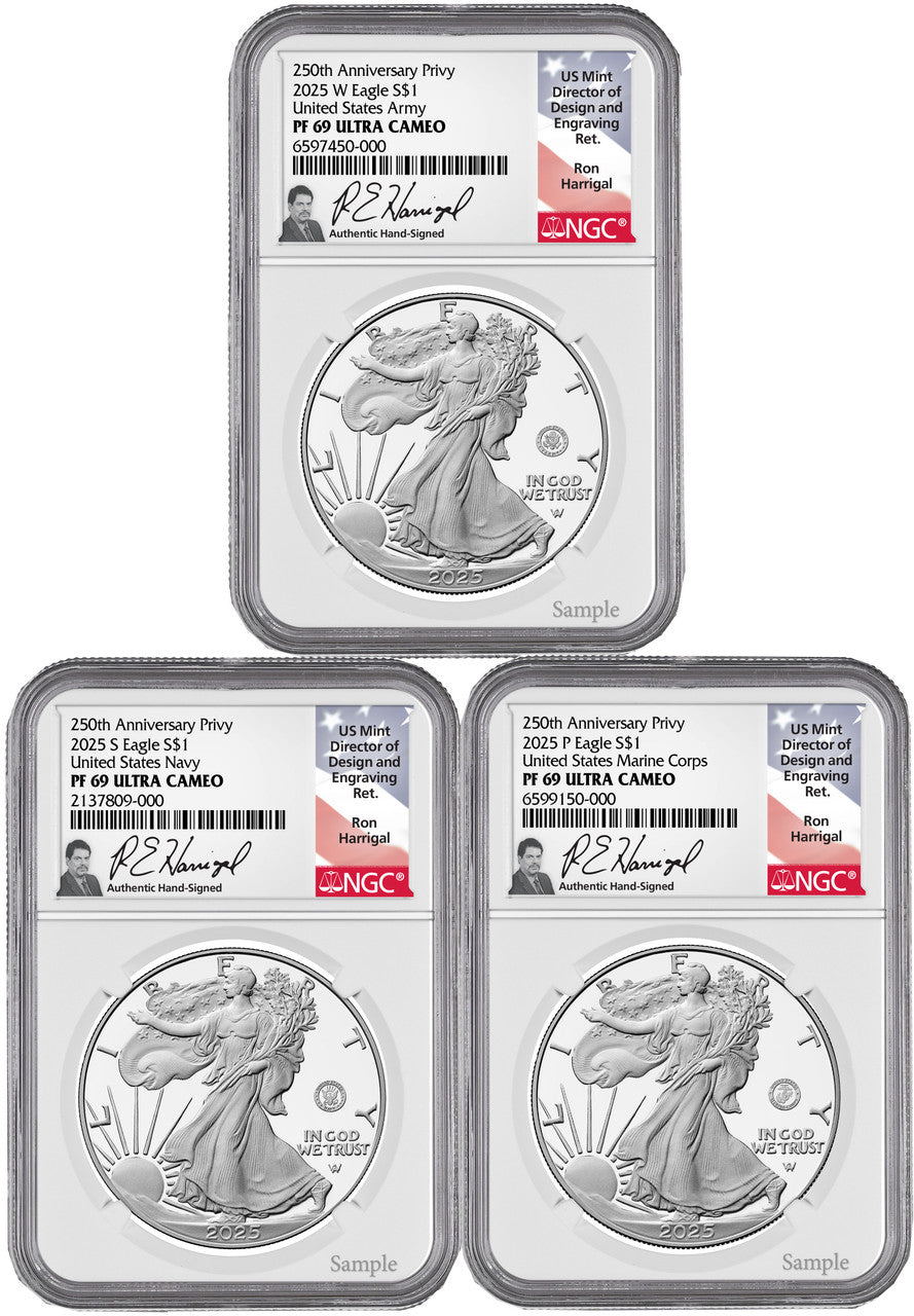 2025 250th Anniversary Armed Forces Privy Silver Eagle 3-Coin Set NGC PF69 Harrigal