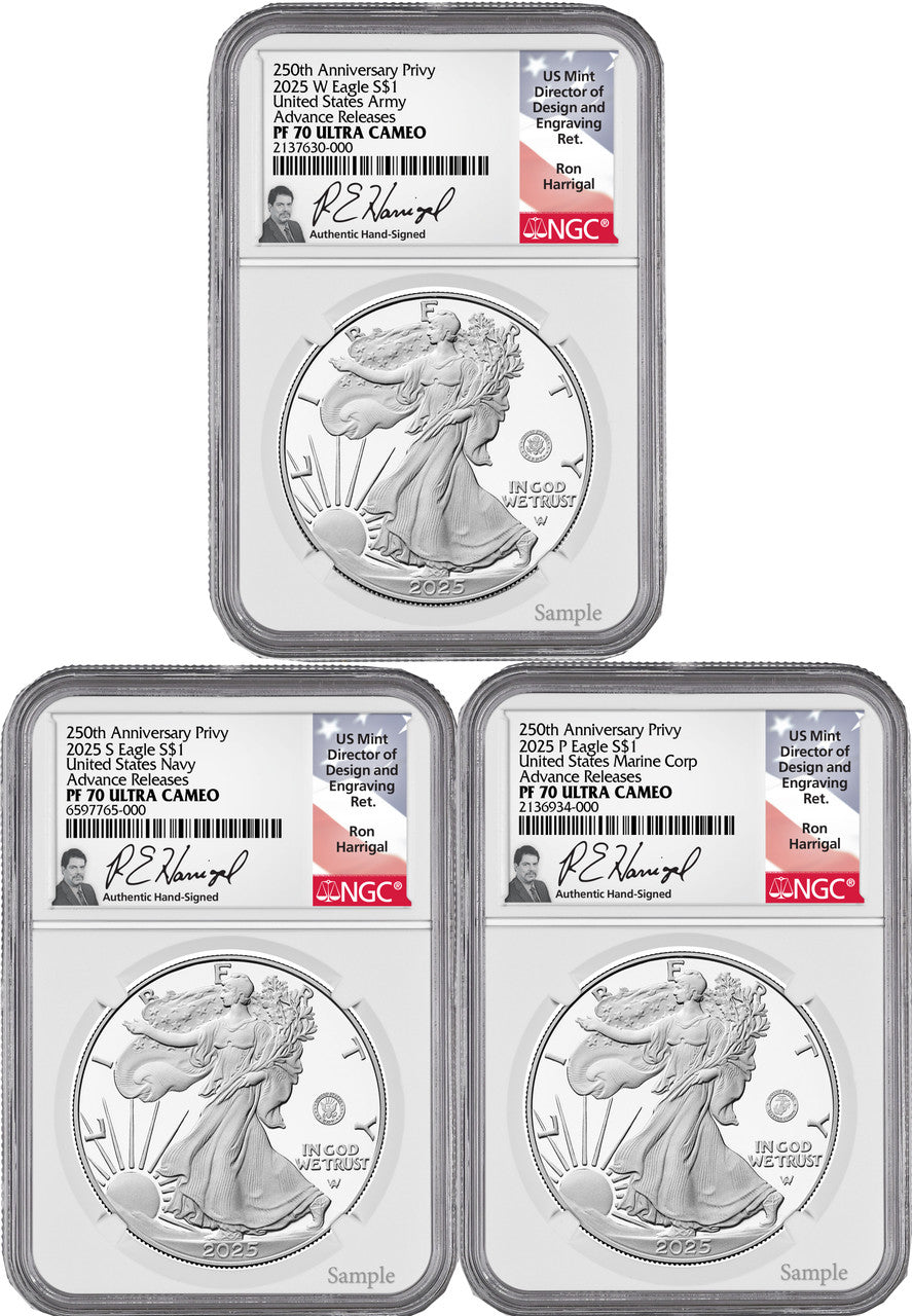 2025 250th Anniversary Armed Forces Privy Silver Eagle 3-Coin Set AR NGC  PF70 Harrigal