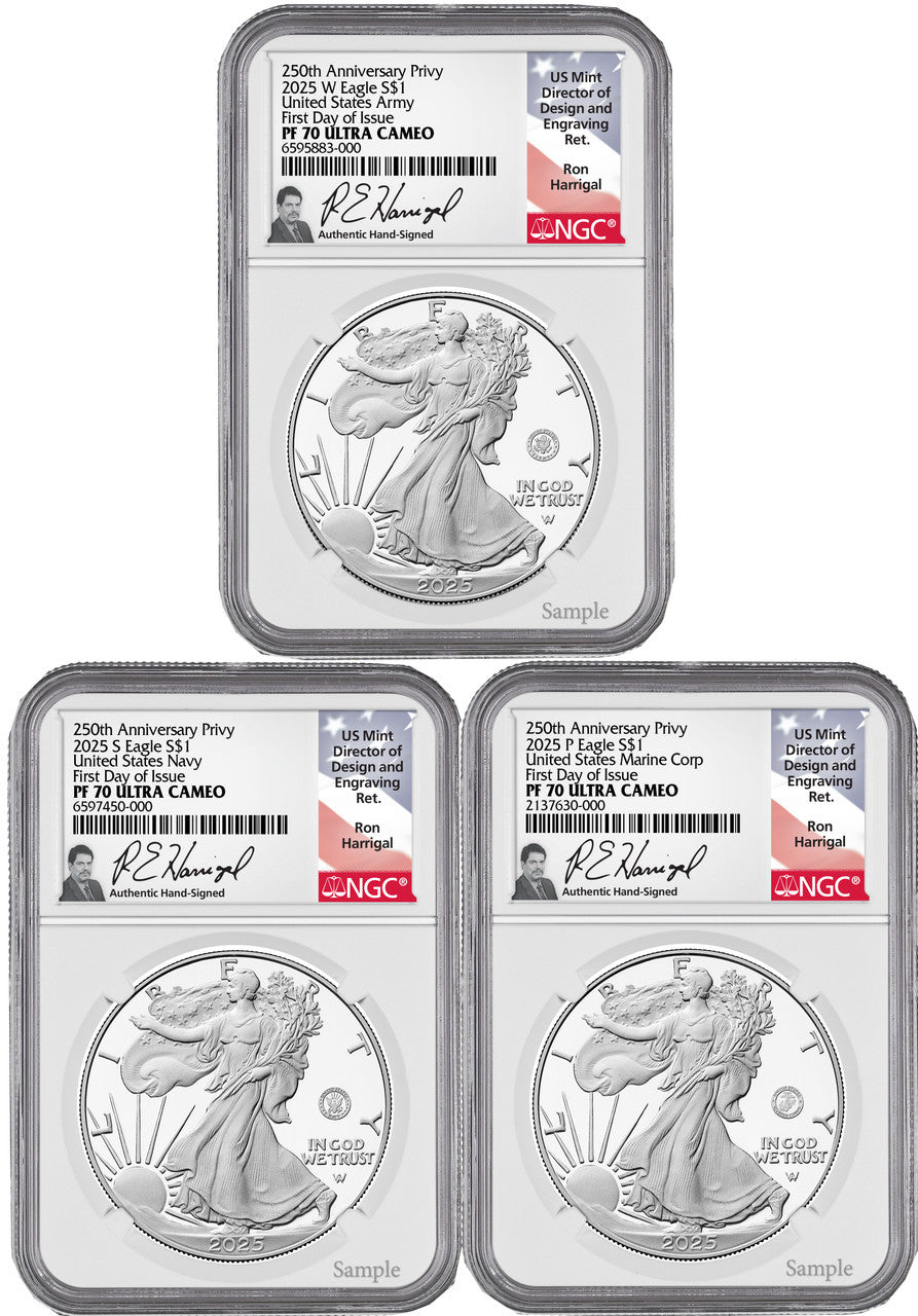 2025 250th Anniversary Armed Forces Privy Silver Eagle 3-Coin Set FDI NGC PF70 Harrigal