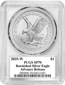 2025-W Burnished Silver Eagle Advanced Release PCGS SP70 Damstra Signed