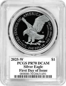 2025-W Silver Eagle First Day of Issue PCGS PR70 Damstra Signed