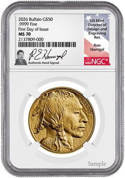 2026 1 oz Gold Buffalo First Day of Issue NGC MS70 Ron Harrigal