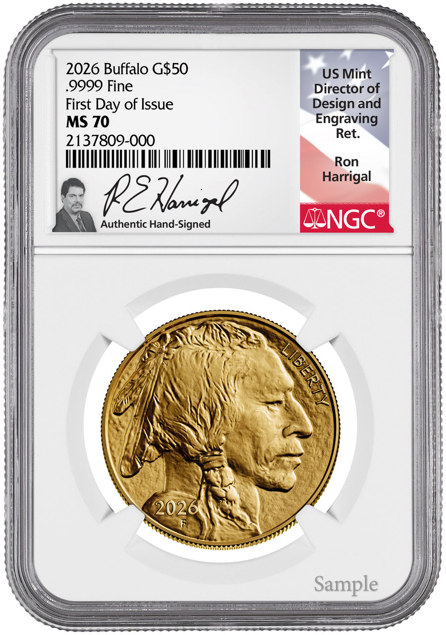 2026 1 oz Gold Buffalo First Day of Issue NGC MS70 Ron Harrigal